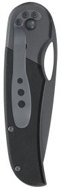 Back of grey pocket knife with textured black material and pocket clip