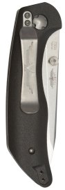 Back of a black matte pocket knife with a metal silver clip with an embossed design